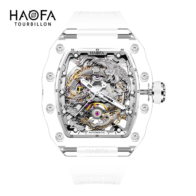 Haofa 2369 3D Carving Dragon And Phoenix Transparent K9 Crystal Automatic Mechanical Watch