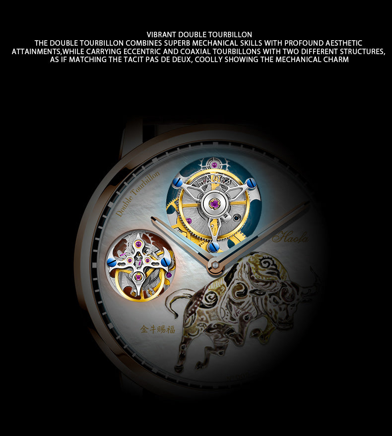 Haofa 005 Flying Double Tourbillon Pearl Dial Taurus 42H Manual Wind Watch