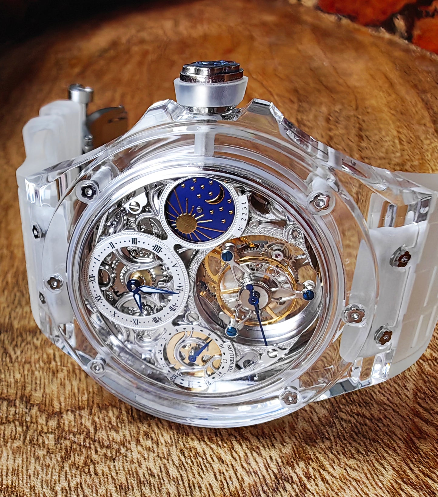 Haofa K9 Crystal Case Skeleton Tourbillon GMT Watch 2231