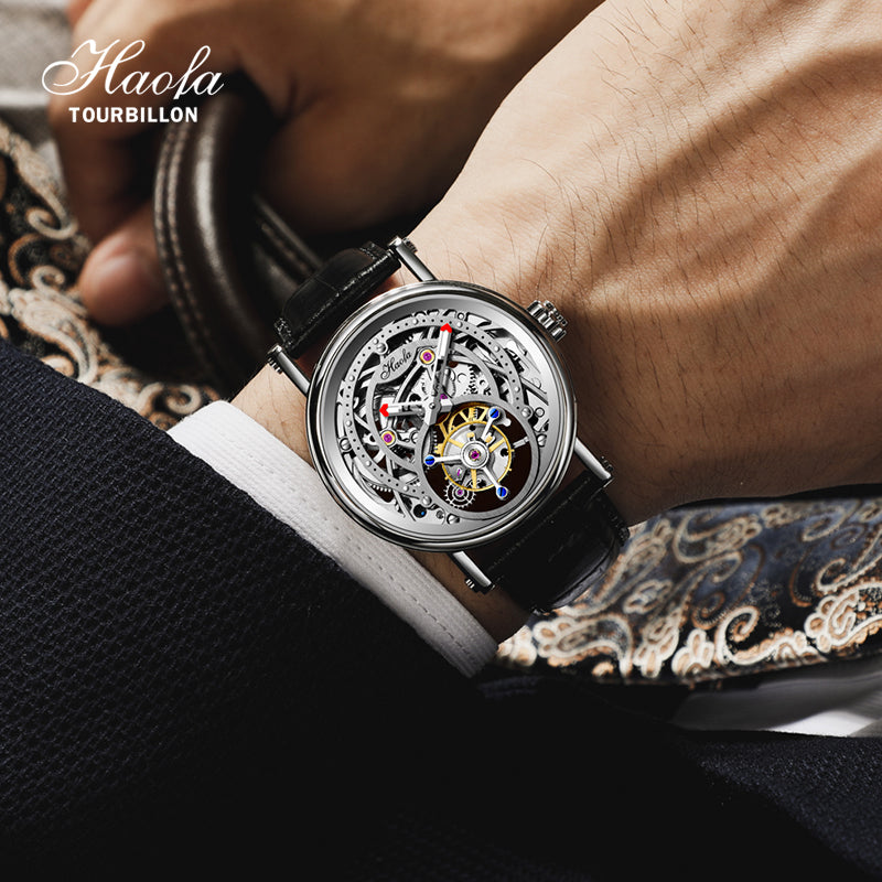 Haofa 1603 CNC Engraving Flying Tourbillon Skeleton Dial Manual Winding Watch