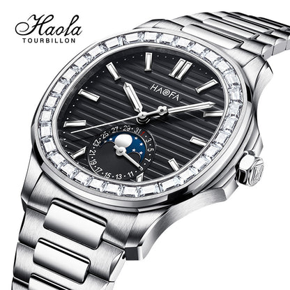 Haofa 2291 Automatic Movement Calendar Display Moon Phase Diamond Bezel Mens Watch