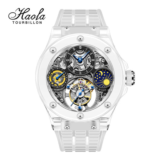 Haofa K9 Crystal Case Skeleton Tourbillon GMT Watch 2231