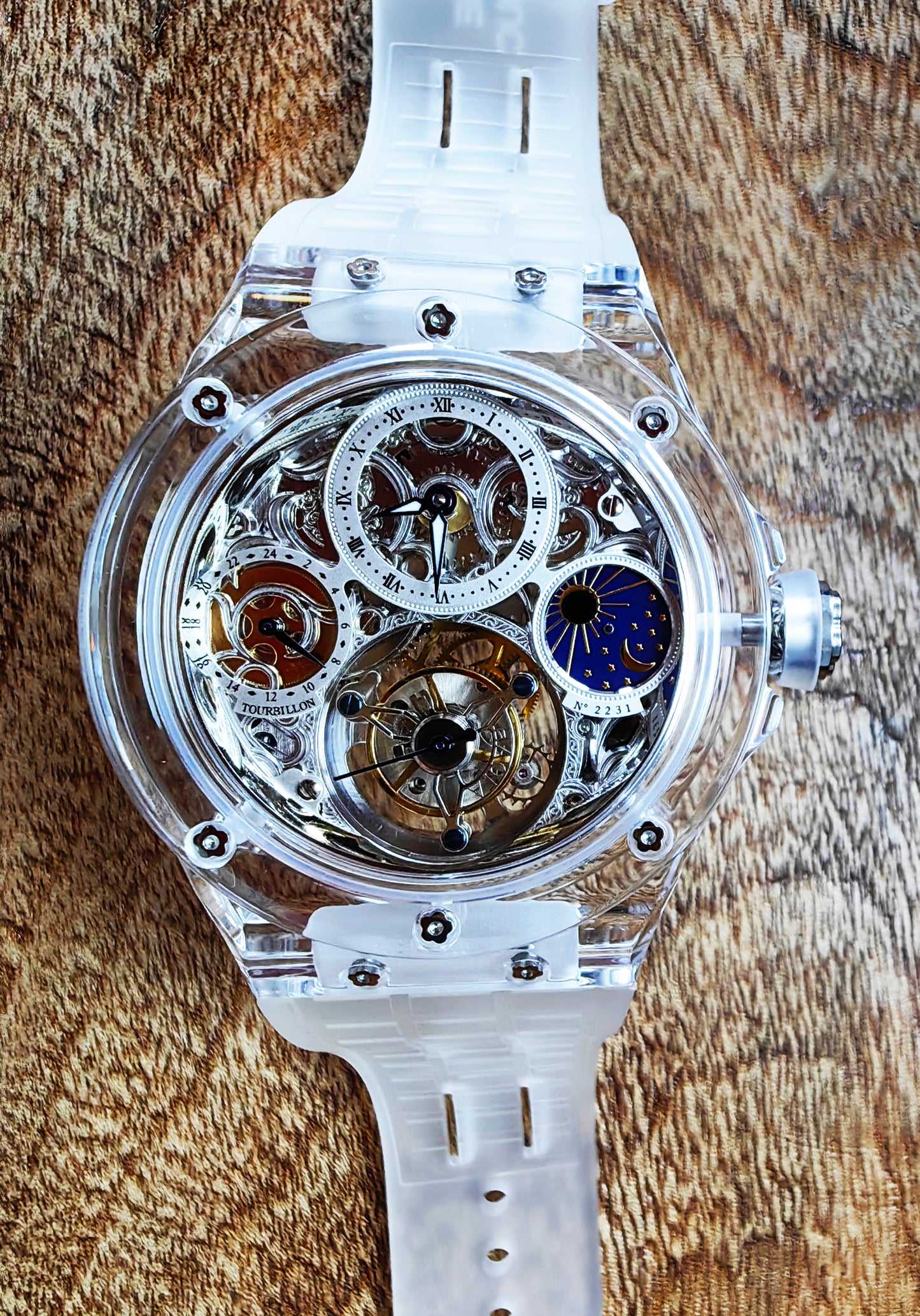 Haofa K9 Crystal Case Skeleton Tourbillon GMT Watch 2231