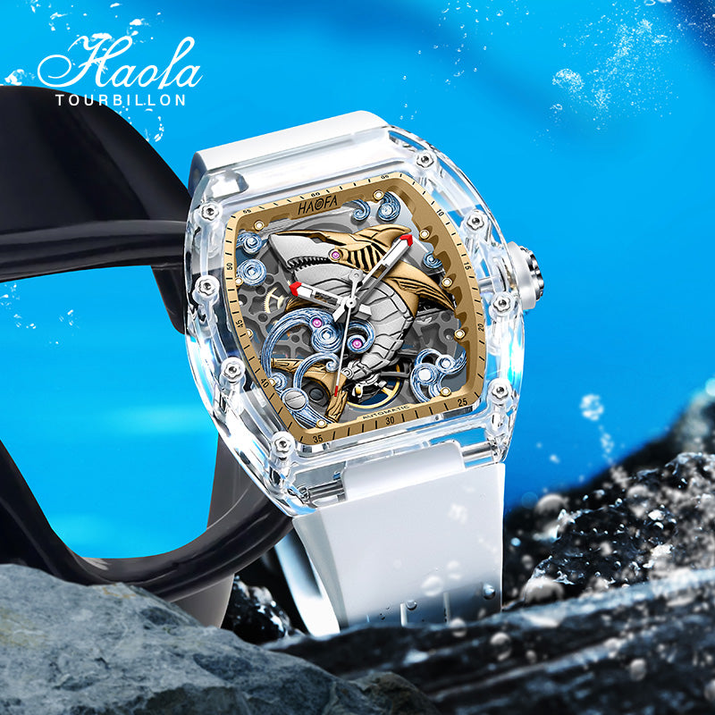 Haofa 2322 3D Crazy Shark Transparent Crystal Super Luminous Automatic Winding 40H Watch