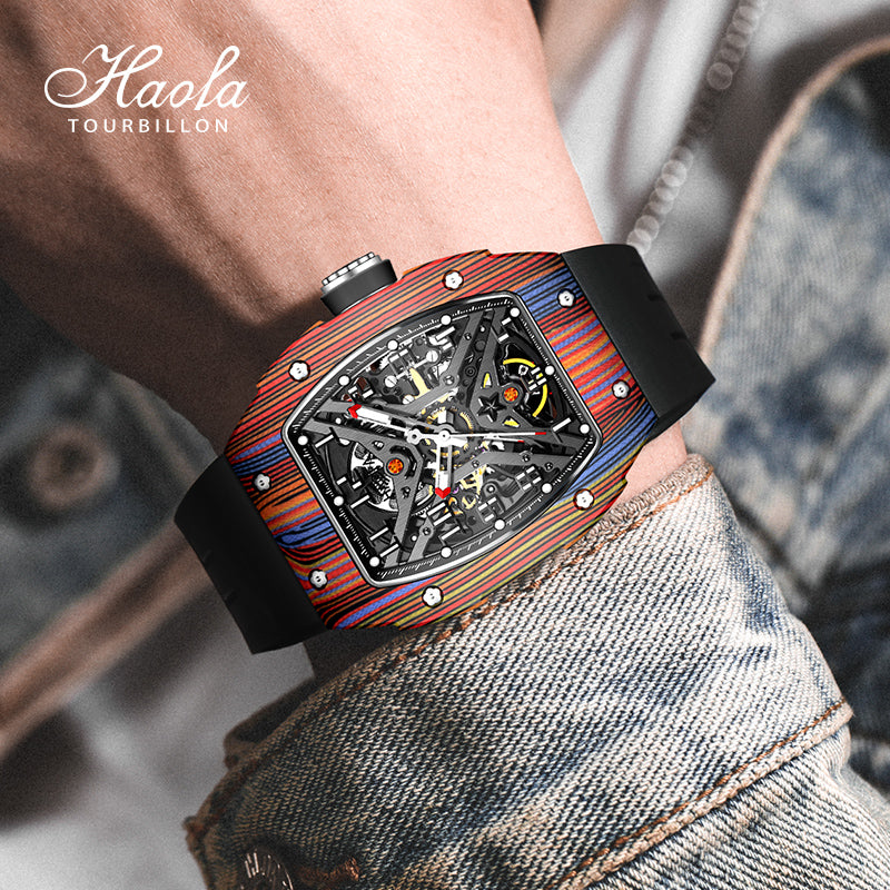 Haofa 1975 Colorful Carbon Fiber Case Automatic Movement 80H Power Reserve Skeleton Sapphire Crystal Wrist Watch