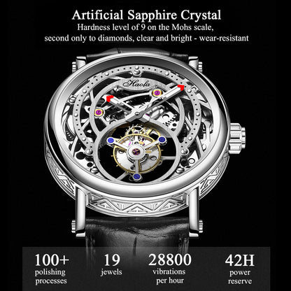 Haofa 1603 CNC Engraving Flying Tourbillon Skeleton Dial Manual Winding Watch