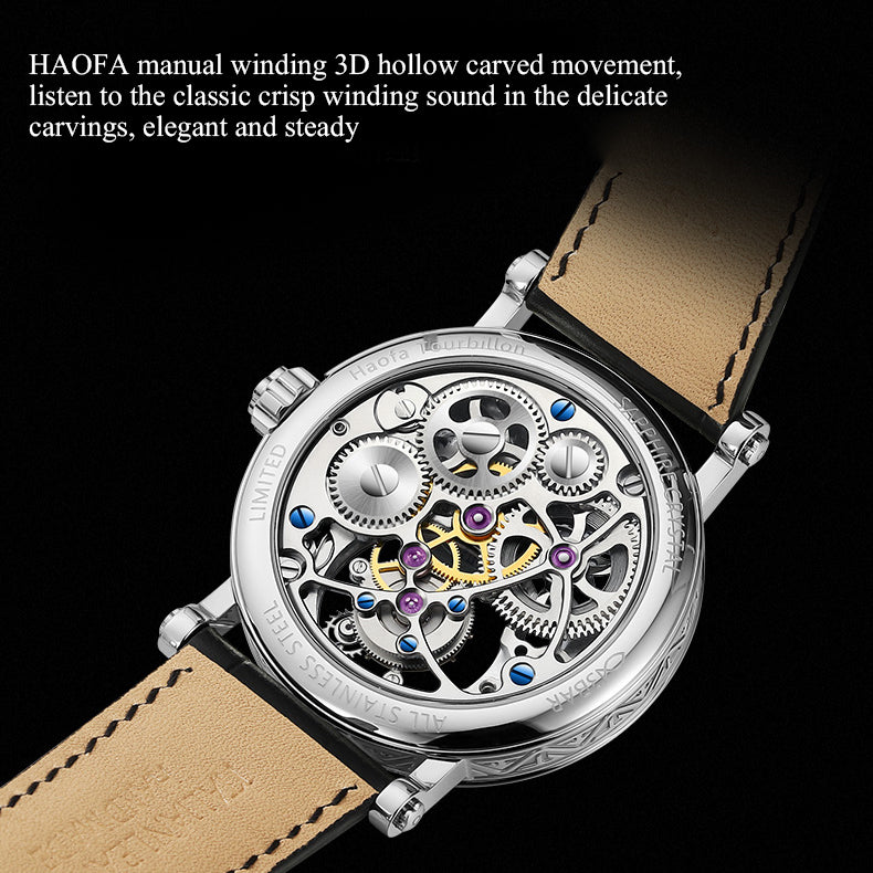 Haofa 1603 CNC Engraving Flying Tourbillon Skeleton Dial Manual Winding Watch