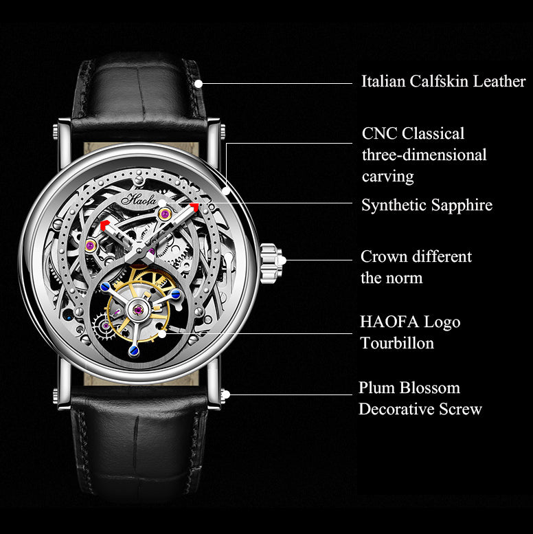 Haofa 1603 CNC Engraving Flying Tourbillon Skeleton Dial Manual Winding Watch