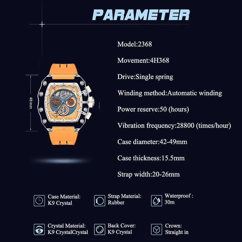 HAOFA Automatic Chronograph Movement K9 Crystal Case Watch 2368