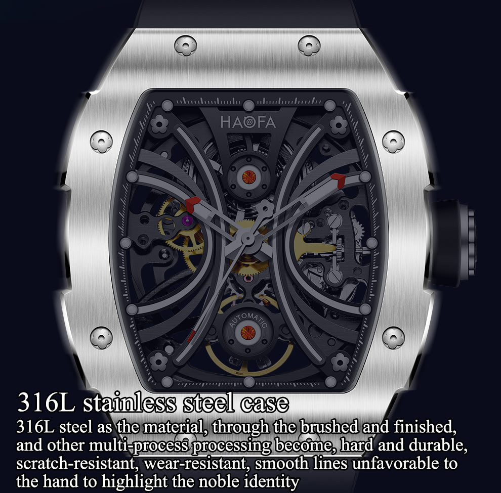 Haofa 1909A Stainless Steel Case Skeleton Automatic Watch Super Luminous 80 hours power