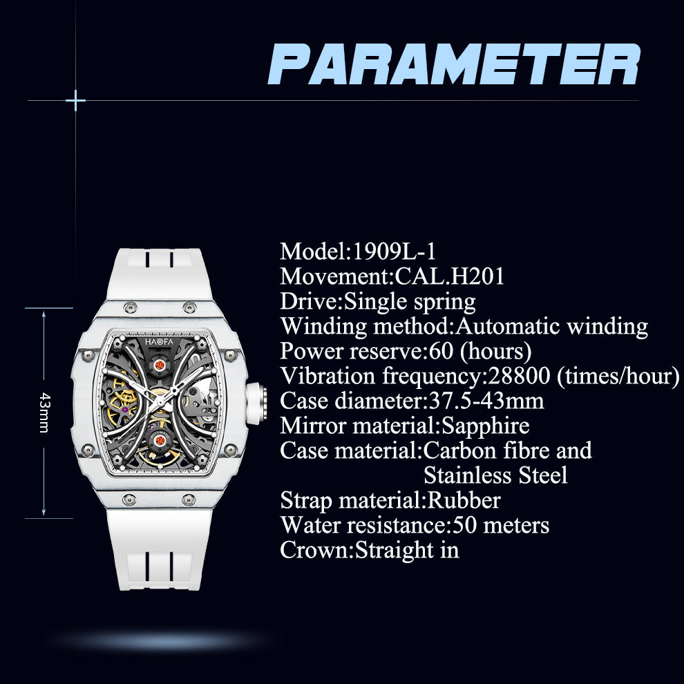 Haofa 1909L-1 Middle Size Carbon Fiber Automatic Watch Super Luminous 60H Power