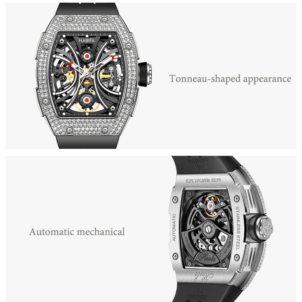 Haofa 1909S Men‘s Automatic Winding Watches Full Diamond Stainless Steel Case