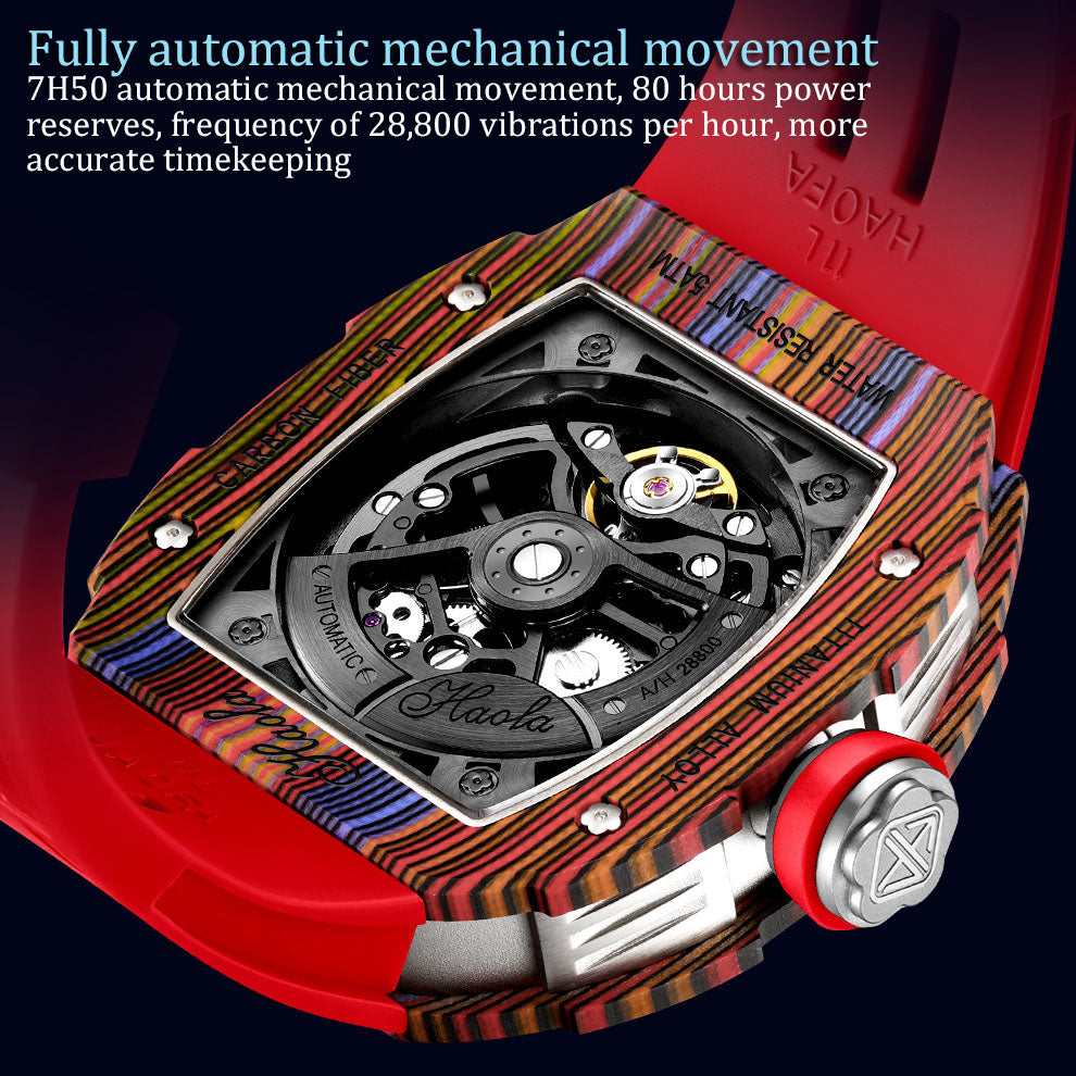 Haofa 1975 Colorful Carbon Fiber Case Automatic Movement 80H Power Reserve Skeleton Sapphire Crystal Wrist Watch