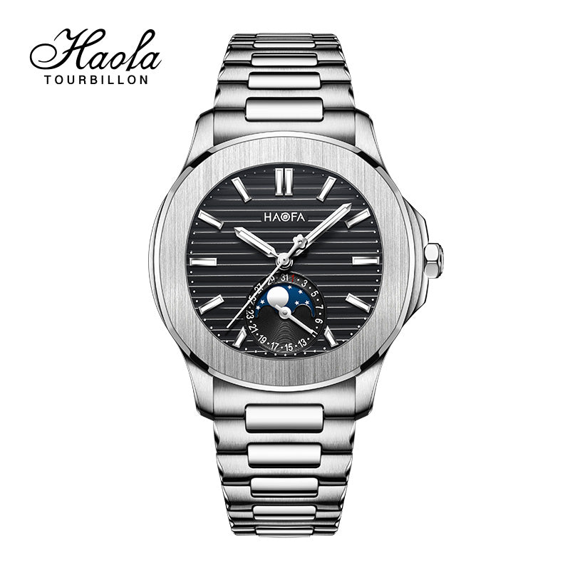 Haofa 2291N Automatic Movement Calendar Display Moon Phase Stainless Steel Bezel Mens Watch