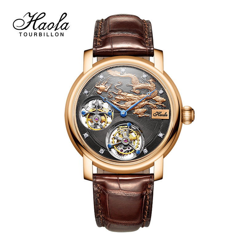 HAOFA Luxury 18K Gold Double Tourbillon Movement real Diamond Karat Watch K002