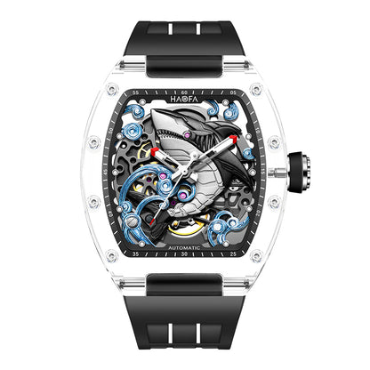 Haofa 2322 3D Crazy Shark Transparent Crystal Super Luminous Automatic Winding 40H Watch