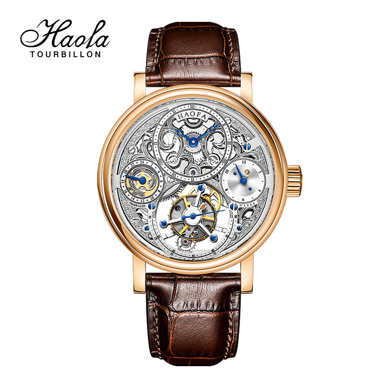 Haofa K012 Skeleton Carving 12 Hour And 24 Hour Display Dial 18K Manual Tourbillon Watch