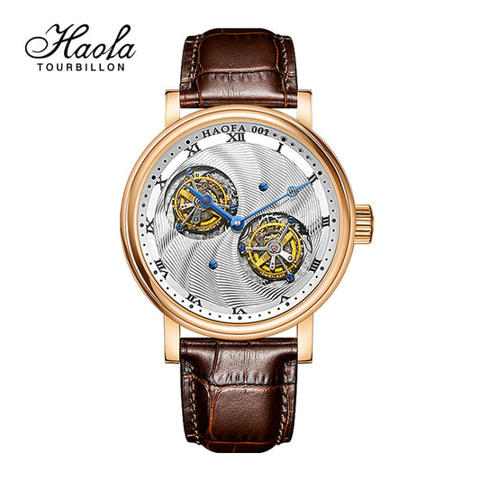 Hoafa Luxury Double Tourbillon and one Carrousel Flywheel Tourbillon Mechanical Karat Watch For Men Sapphire 18K Real Gold  Mens Watch Limited Edition K001