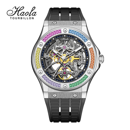 HAOFA Automatic Sapphire Mechanical Rainbow Watch Luxury Skeleton Rhinestone Case Waterproof 1913S