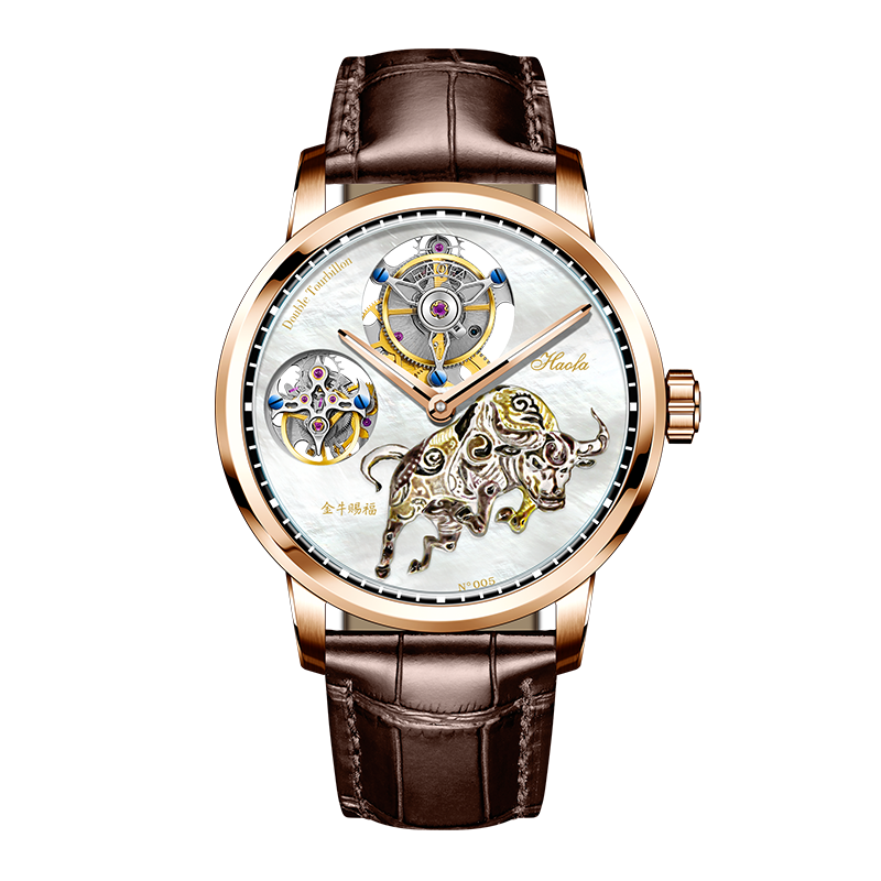 Haofa 005 Flying Double Tourbillon Pearl Dial Taurus 42H Manual Wind Watch