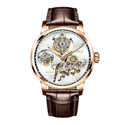 Haofa 005 Flying Double Tourbillon Pearl Dial Taurus 42H Manual Wind Watch