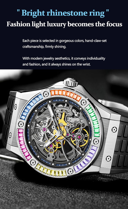 HAOFA Automatic Sapphire Mechanical Rainbow Watch Luxury Skeleton Rhinestone Case Waterproof 1913S