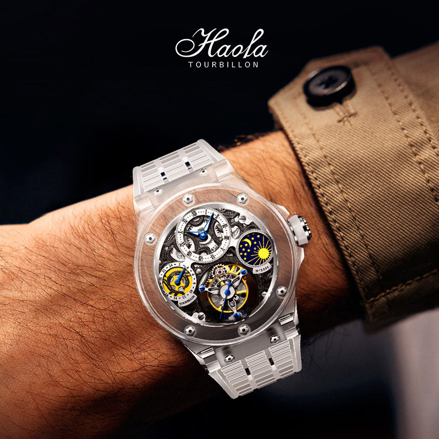 Haofa K9 Crystal Case Skeleton Tourbillon GMT Watch 2231