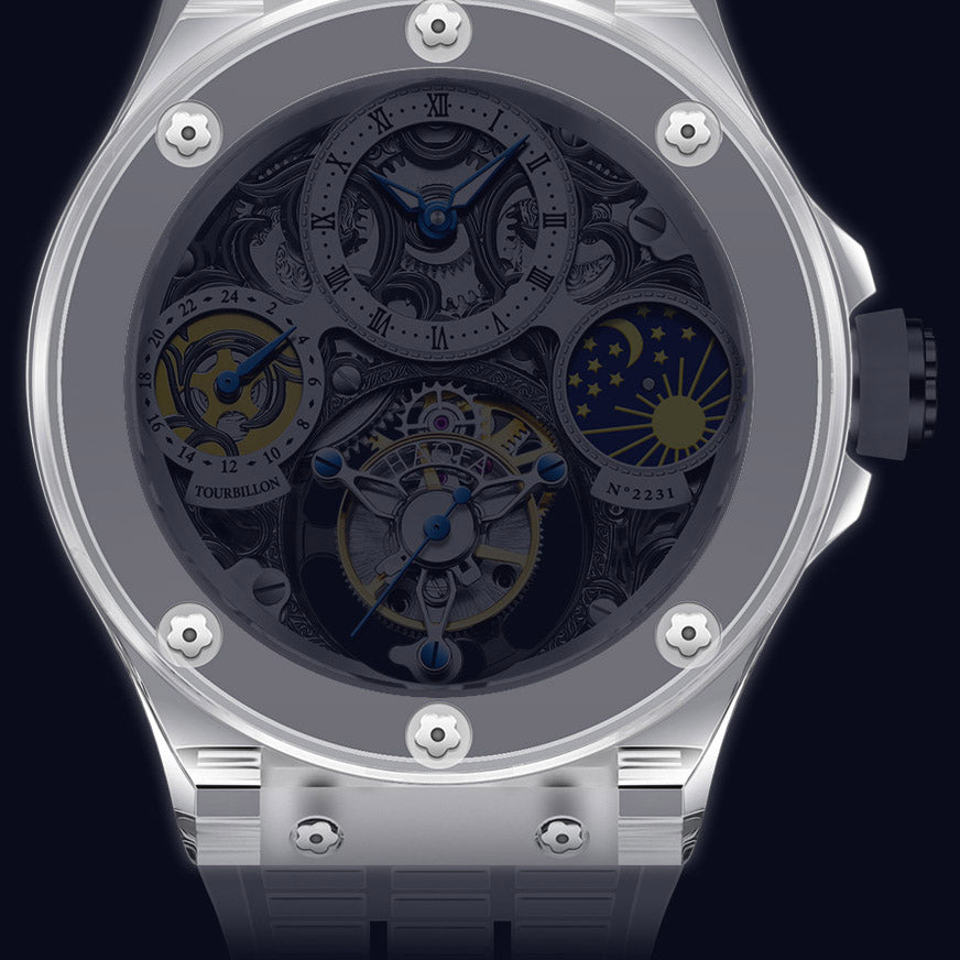 Haofa K9 Crystal Case Skeleton Tourbillon GMT Watch 2231