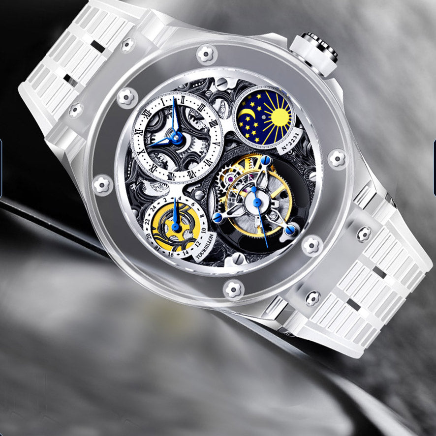 Haofa K9 Crystal Case Skeleton Tourbillon GMT Watch 2231