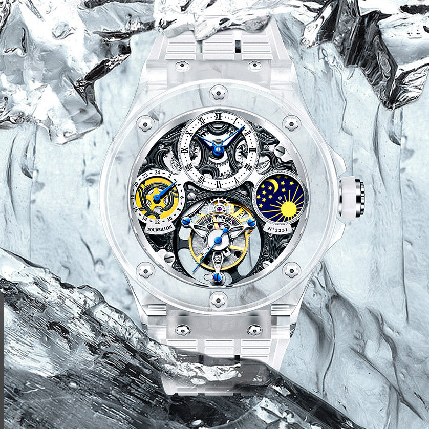 Haofa K9 Crystal Case Skeleton Tourbillon GMT Watch 2231