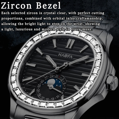 Haofa 2291 Automatic Movement Calendar Display Moon Phase Diamond Bezel Mens Watch