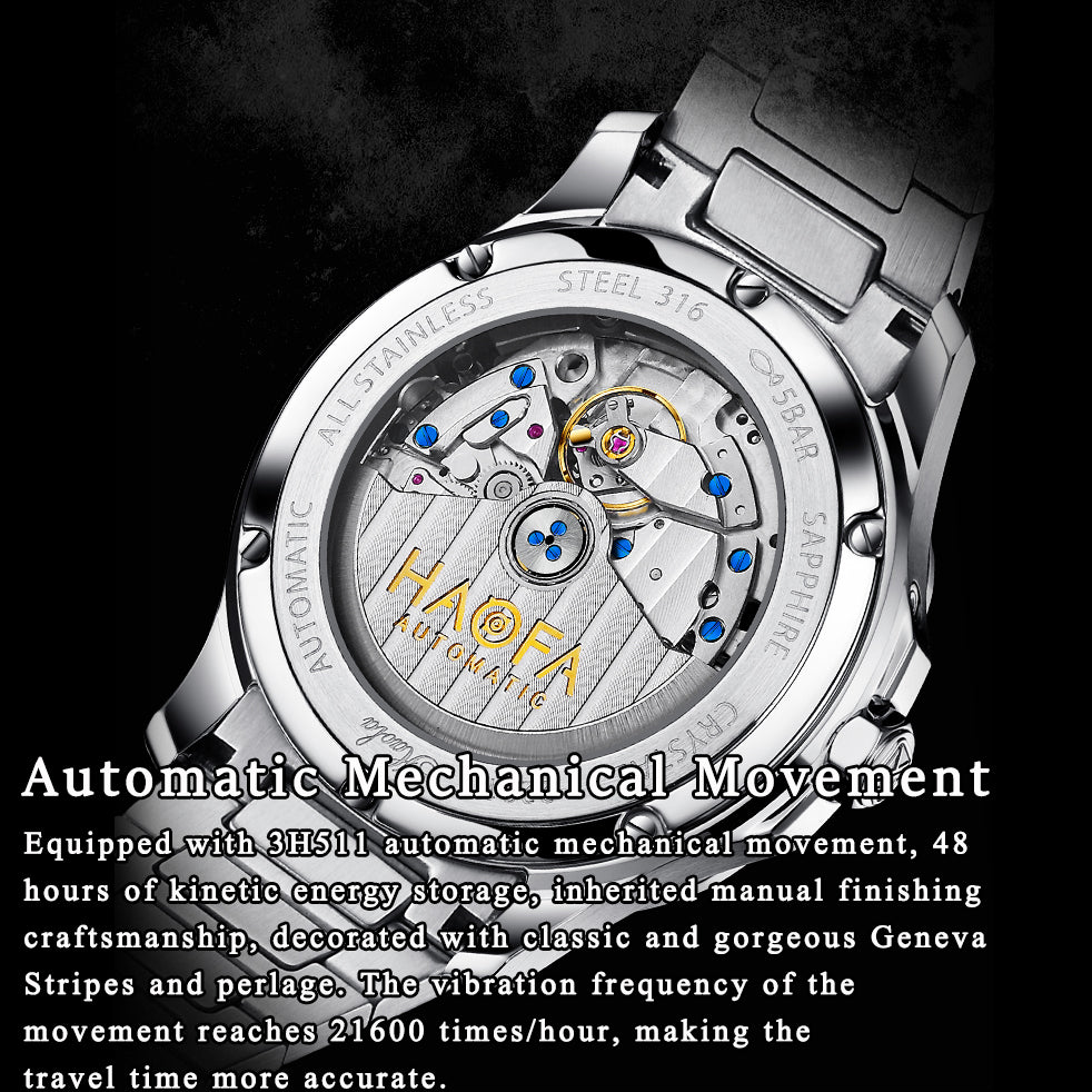 Haofa 2291N Automatic Movement Calendar Display Moon Phase Stainless Steel Bezel Mens Watch