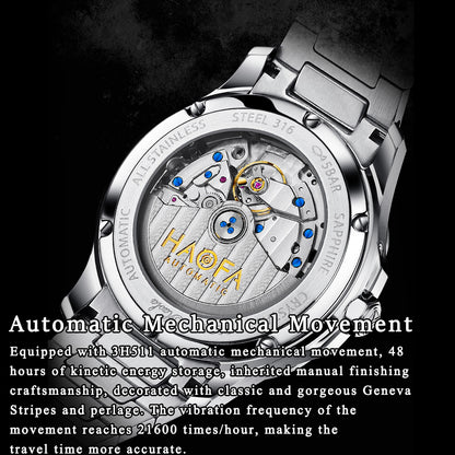 Haofa 2291N Automatic Movement Calendar Display Moon Phase Stainless Steel Bezel Mens Watch