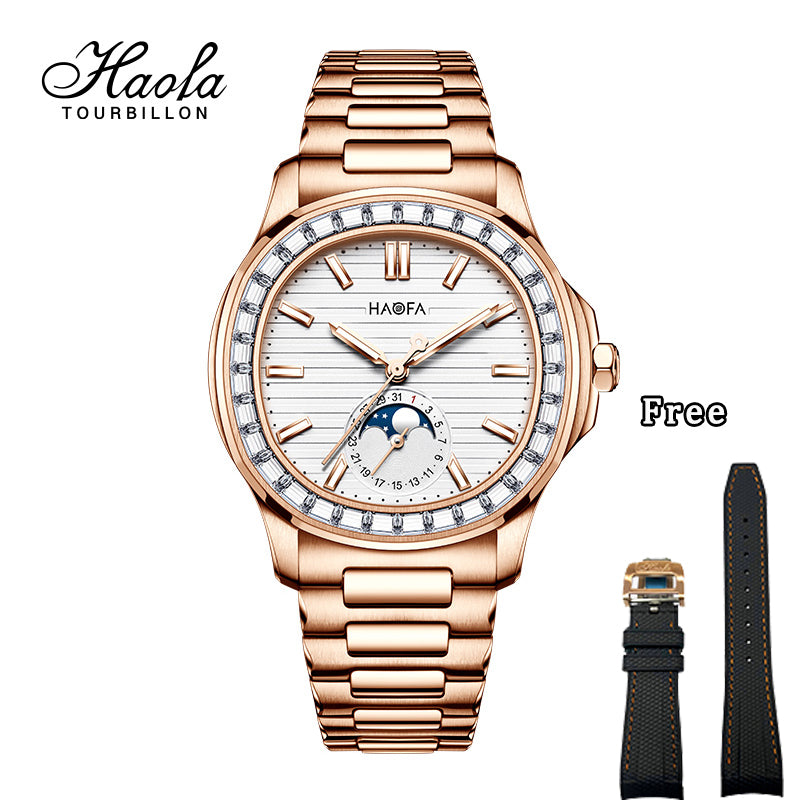 Haofa 2291 Automatic Movement Calendar Display Moon Phase Diamond Bezel Mens Watch