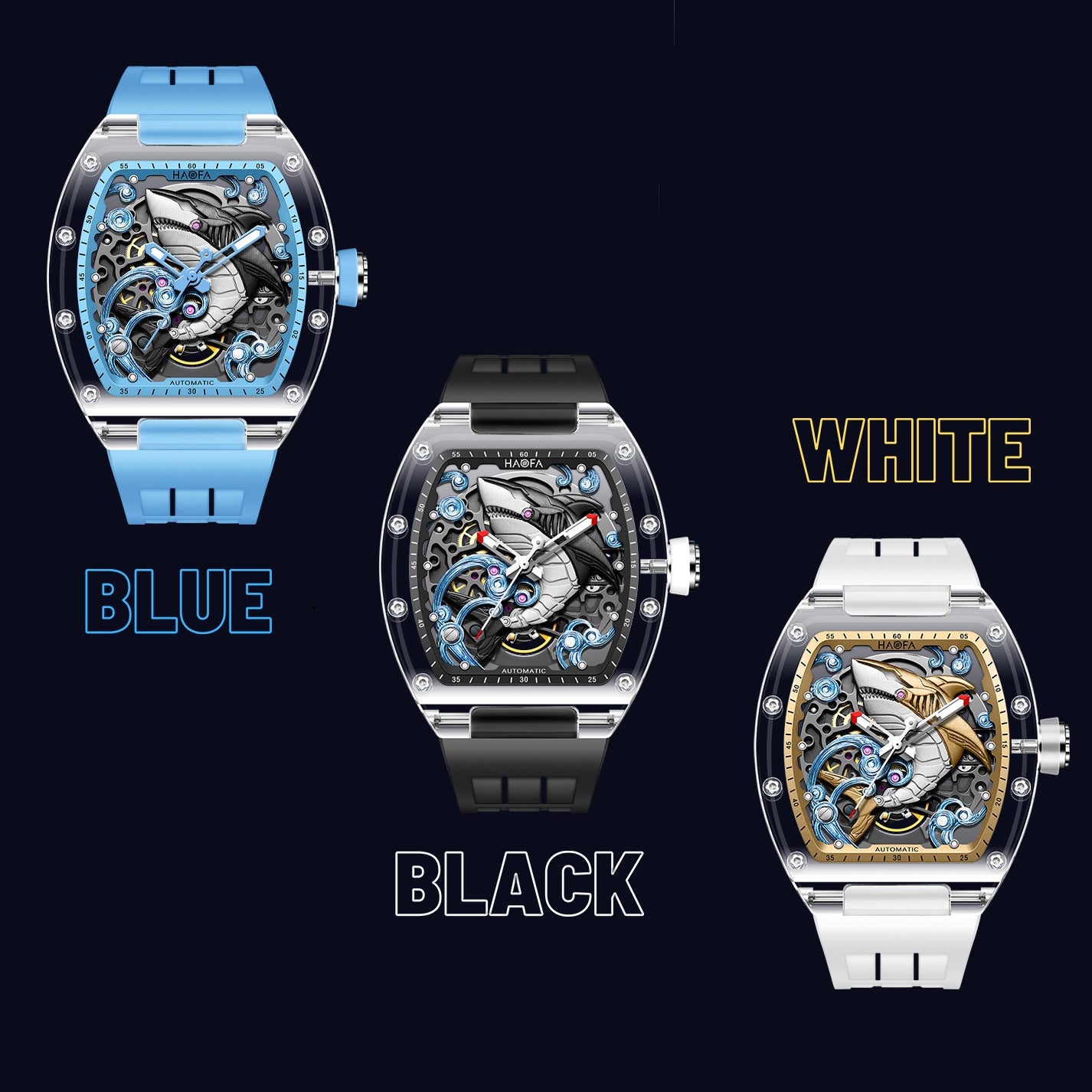 Haofa 2322 3D Crazy Shark Transparent Crystal Super Luminous Automatic Winding 40H Watch