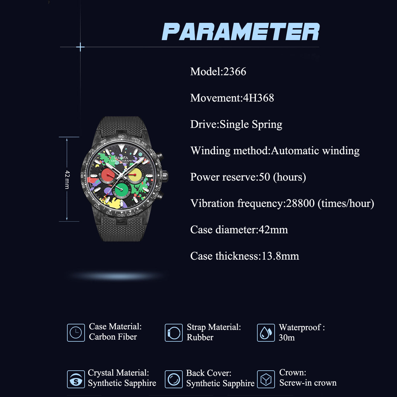 HAOFA Chronograph Movement Full Carbon Fiber Automatic Screw-in crown Watch  2366