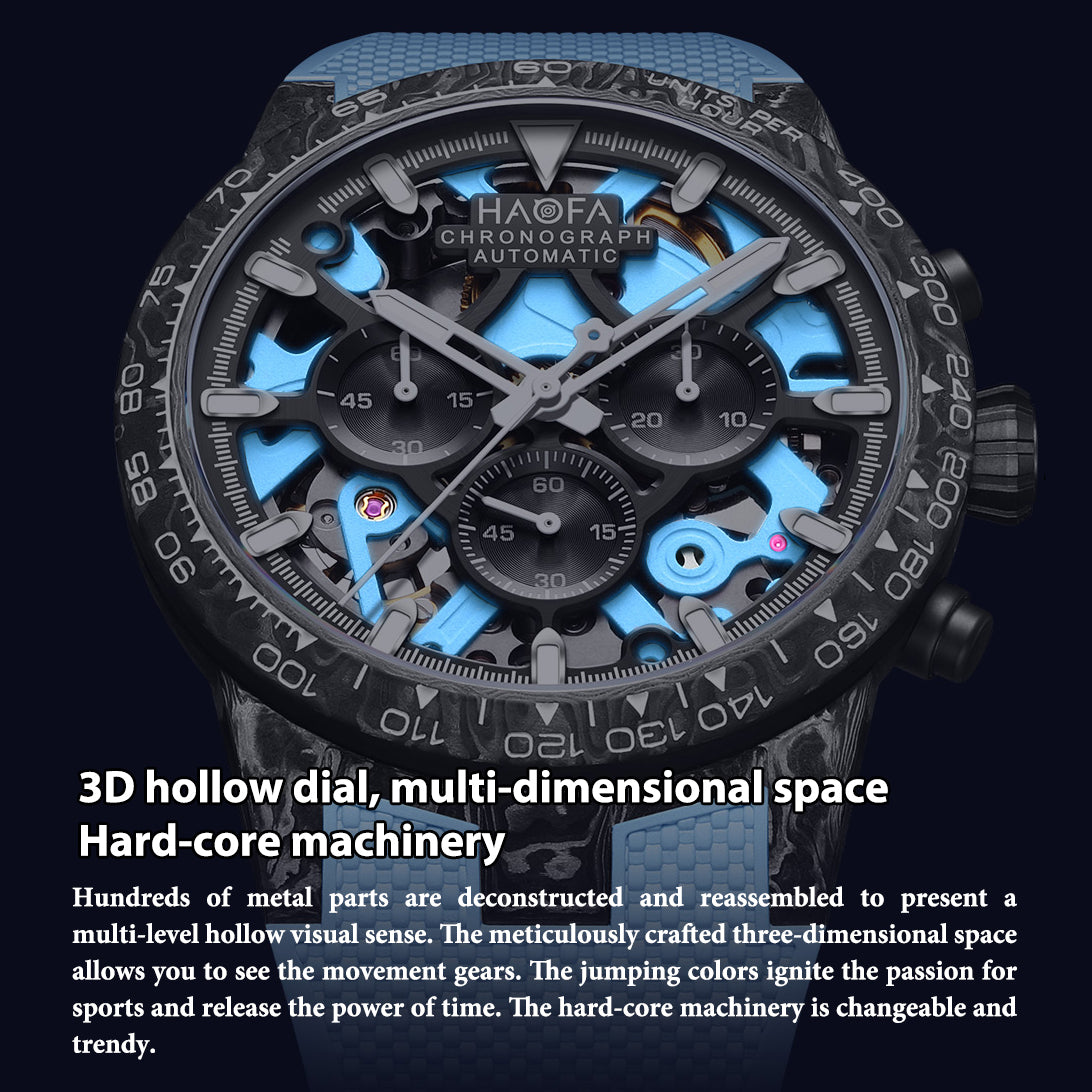 HAOFA 2367 3D Skeleton Automatic Chronograph Movement Full Carbon Fiber Screw-in crown Watch