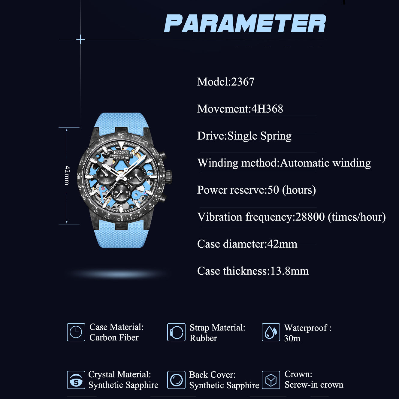 HAOFA 2367 3D Skeleton Automatic Chronograph Movement Full Carbon Fiber Screw-in crown Watch