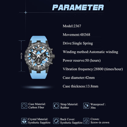 HAOFA 2367 3D Skeleton Automatic Chronograph Movement Full Carbon Fiber Screw-in crown Watch