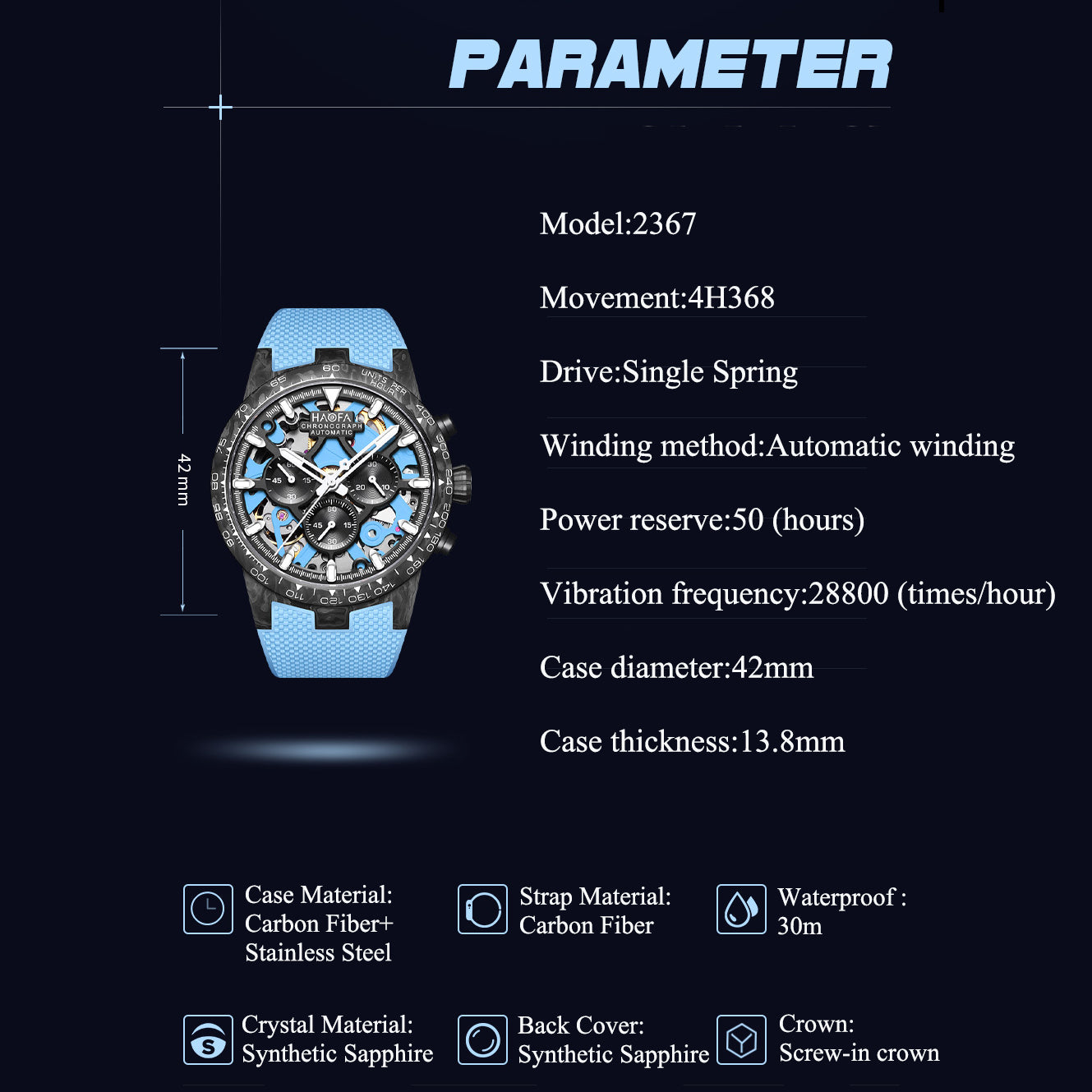 HAOFA 2367 3D Skeleton Automatic Chronograph Movement Full Carbon Fiber Screw-in crown Watch