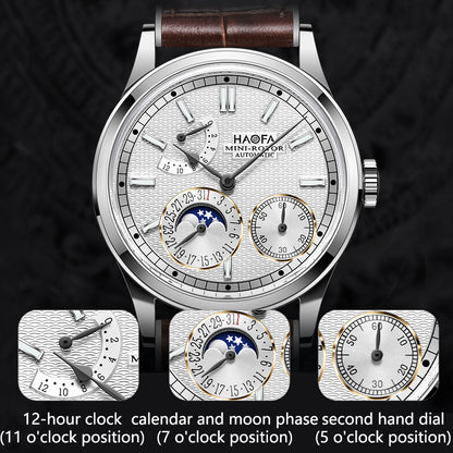 Haofa 2372 Calendar Display Moon Phase Micro Rotor Geneva Stripes Automatic Mechanical Watch