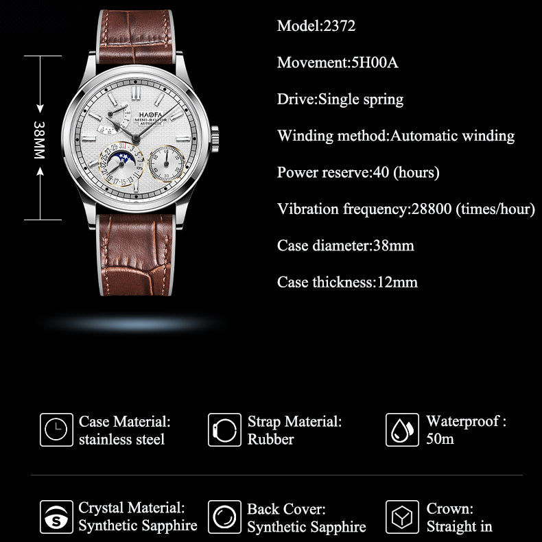 Haofa 2372 Calendar Display Moon Phase Micro Rotor Geneva Stripes Automatic Mechanical Watch