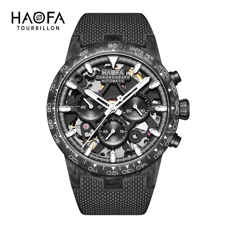 HAOFA 2367 3D Skeleton Automatic Chronograph Movement Full Carbon Fiber Screw-in crown Watch