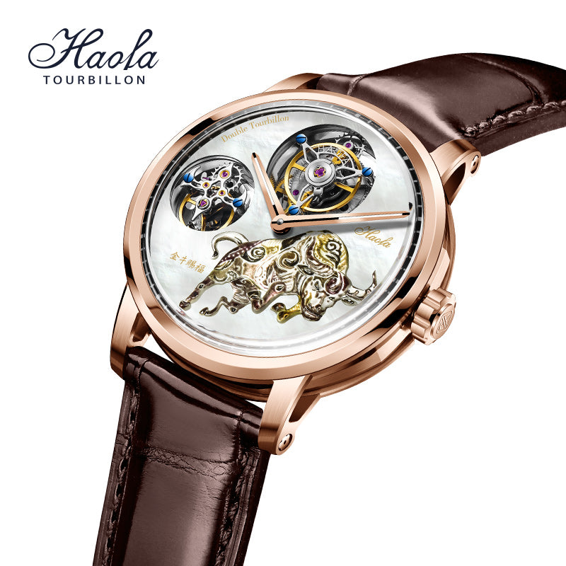 Haofa 005 Flying Double Tourbillon Pearl Dial Taurus 42H Manual Wind Watch