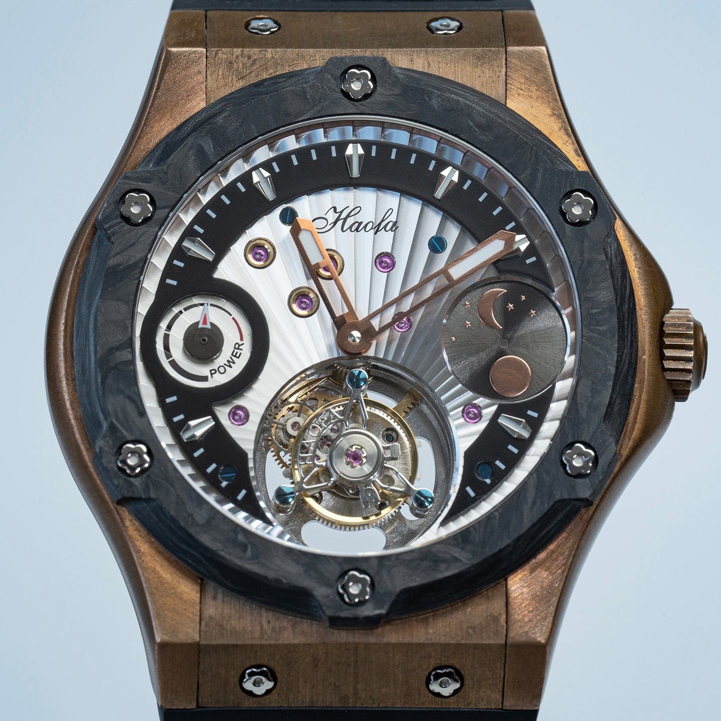 Haofa Tin Bronze Case carbon fiber bezel Luxury GMT Tourbillon Power Reserve Display 1915T