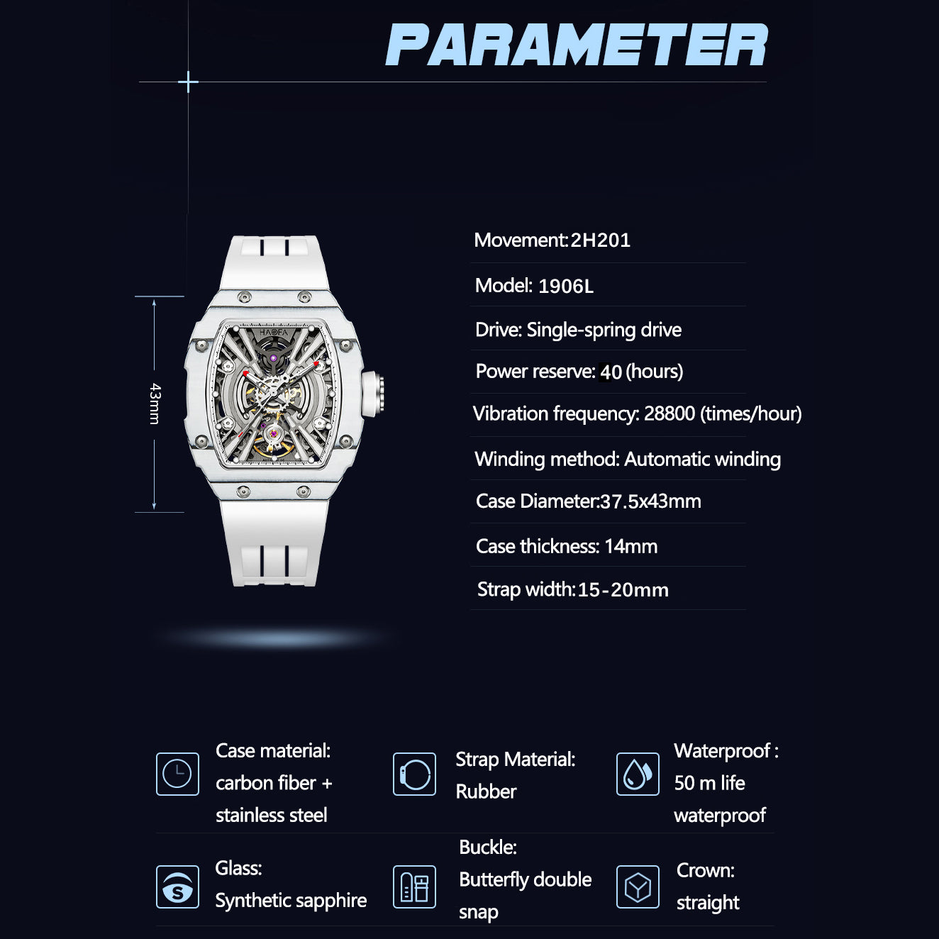 HAOFA Middle Size (37.5*43)  carbon fiber Automatic wristwatches 1906L