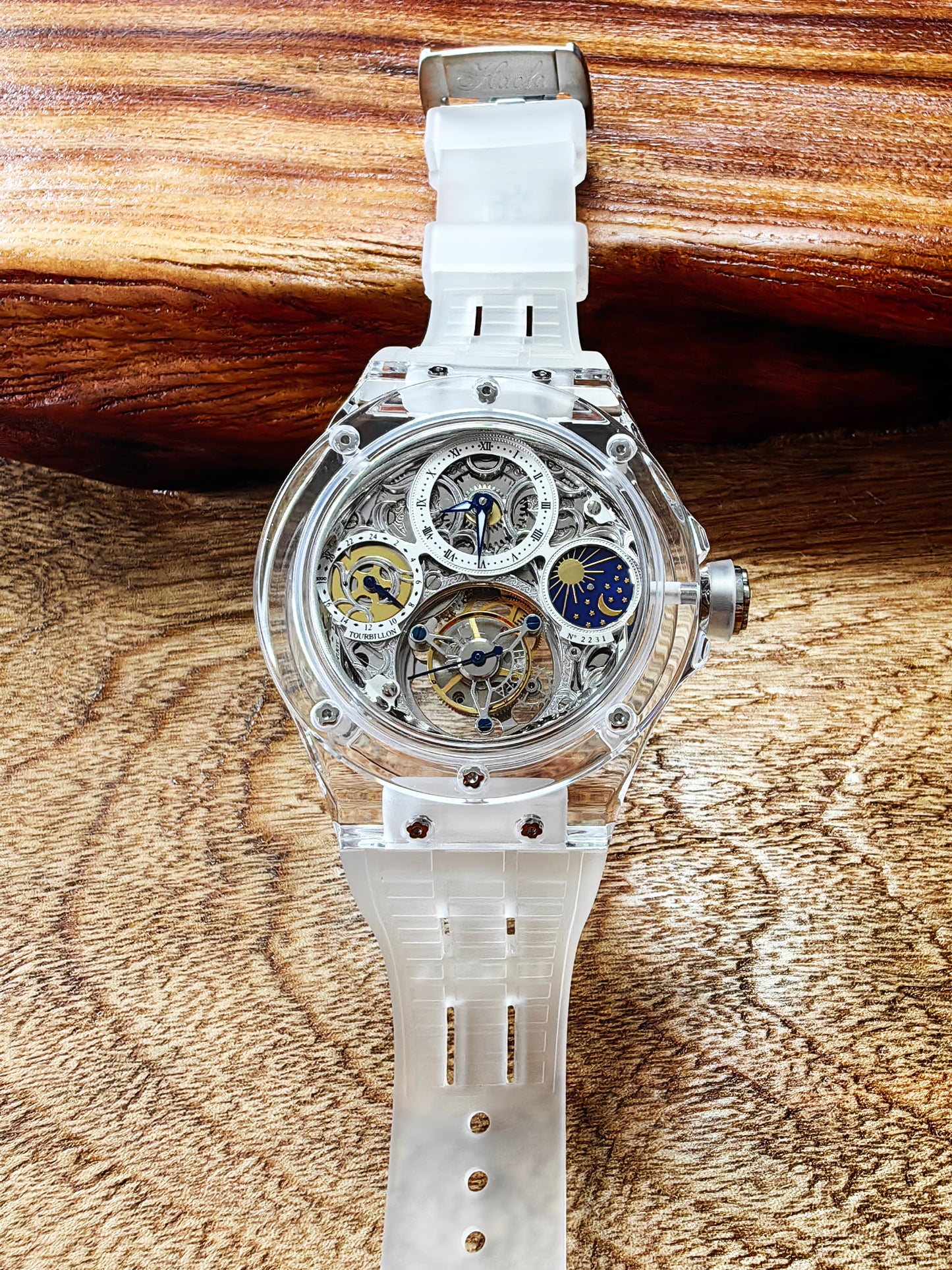 Haofa K9 Crystal Case Skeleton Tourbillon GMT Watch 2231