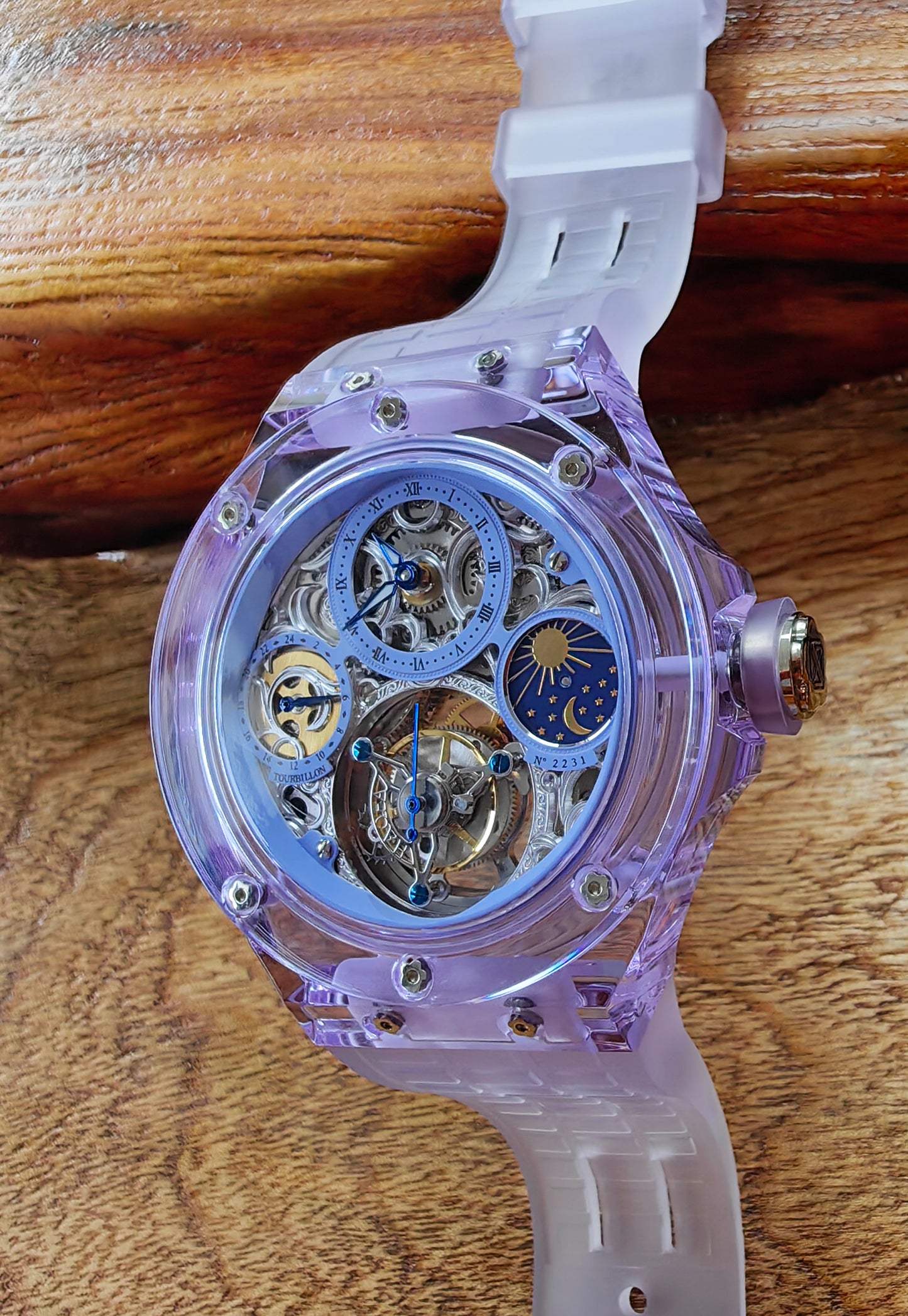 Haofa K9 Crystal Case Skeleton Tourbillon GMT Watch 2231