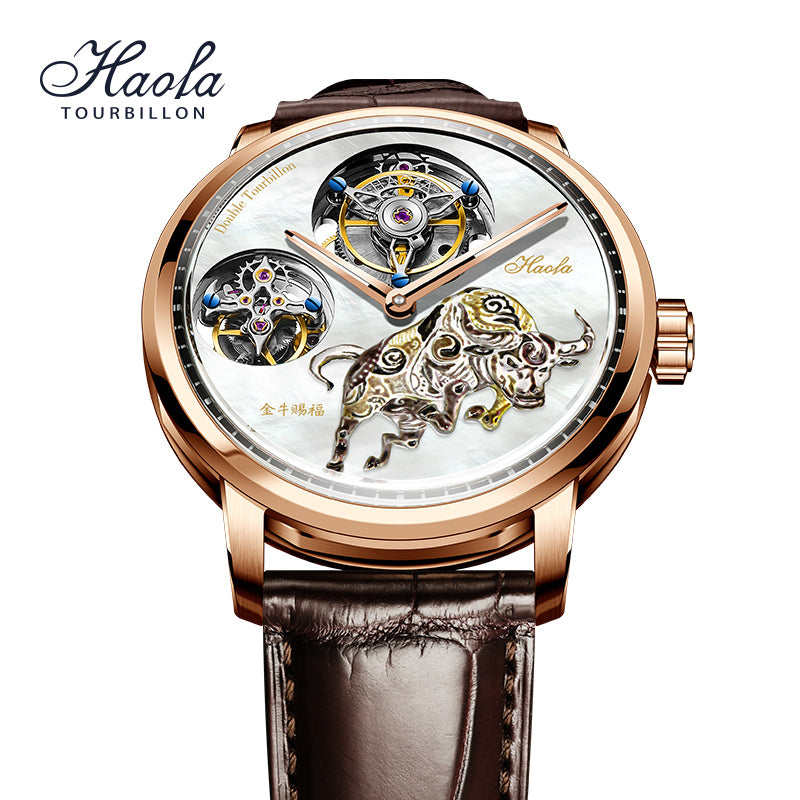 Haofa 005 Flying Double Tourbillon Pearl Dial Taurus 42H Manual Wind Watch