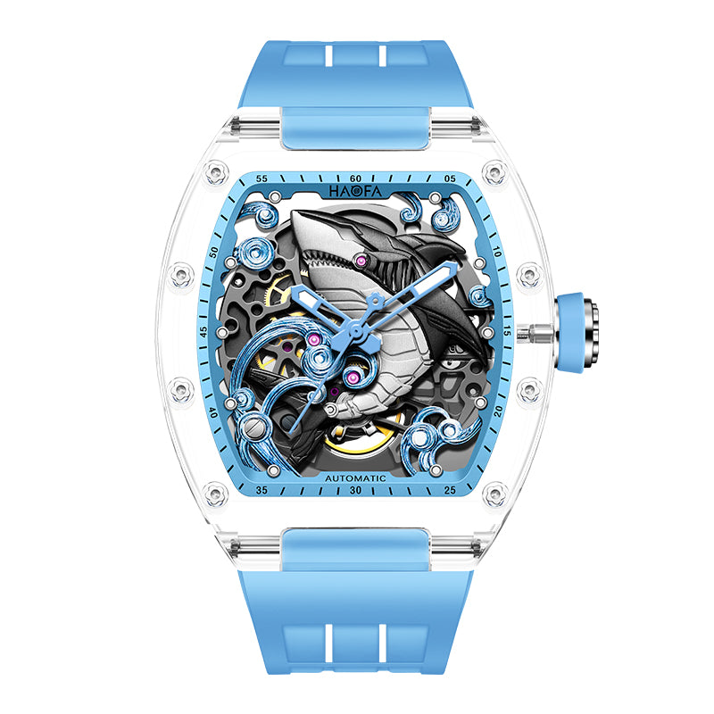 Haofa 2322 3D Crazy Shark Transparent Crystal Super Luminous Automatic Winding 40H Watch